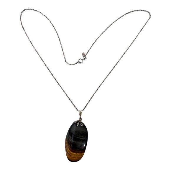 Vintage Tigers Eye Silver Pendant Necklace Artisan Crafted Natural Stone Gorham - Picture 3 of 8